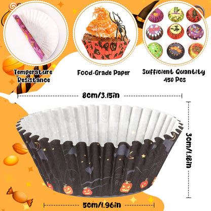 SANNIX 450pcs Halloween Cupcake Liners, Ghost Pumpkin Baking Cups Standard Cupcake Wrappers Paper Wraps Muffin Liners for Halloween Party Candy Cake Decorations Supplies(9 Designs)