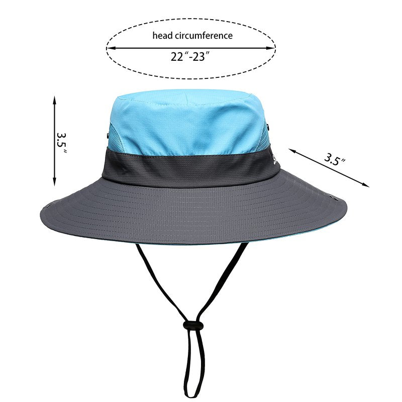 Womens Summer Sun Hat Beach Hat Wide Brim Outdoor UV Protection Hat Foldable Cool Mesh Ponytail Bucket Hat (Sky Blue-Gray)