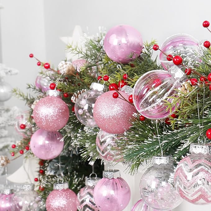 SY Super Bang 30PCS Pink Christmas Ornaments Set, 60MM/2.36" Clear Plastic Shatterproof Ball Ornaments for Christmas Tree Hanging Decorations, for Home Holiday Party Xmas Decor.