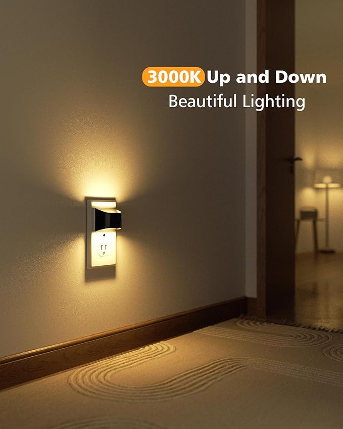 VOLISUN Night Lights Plug into Wall, 4 Pack Up and Down LED Night Light with Dusk to Dawn Light Sensor, 3000K Warm White Nightlight for Hallway, Bedroom, Bathroom, Kitchen Black