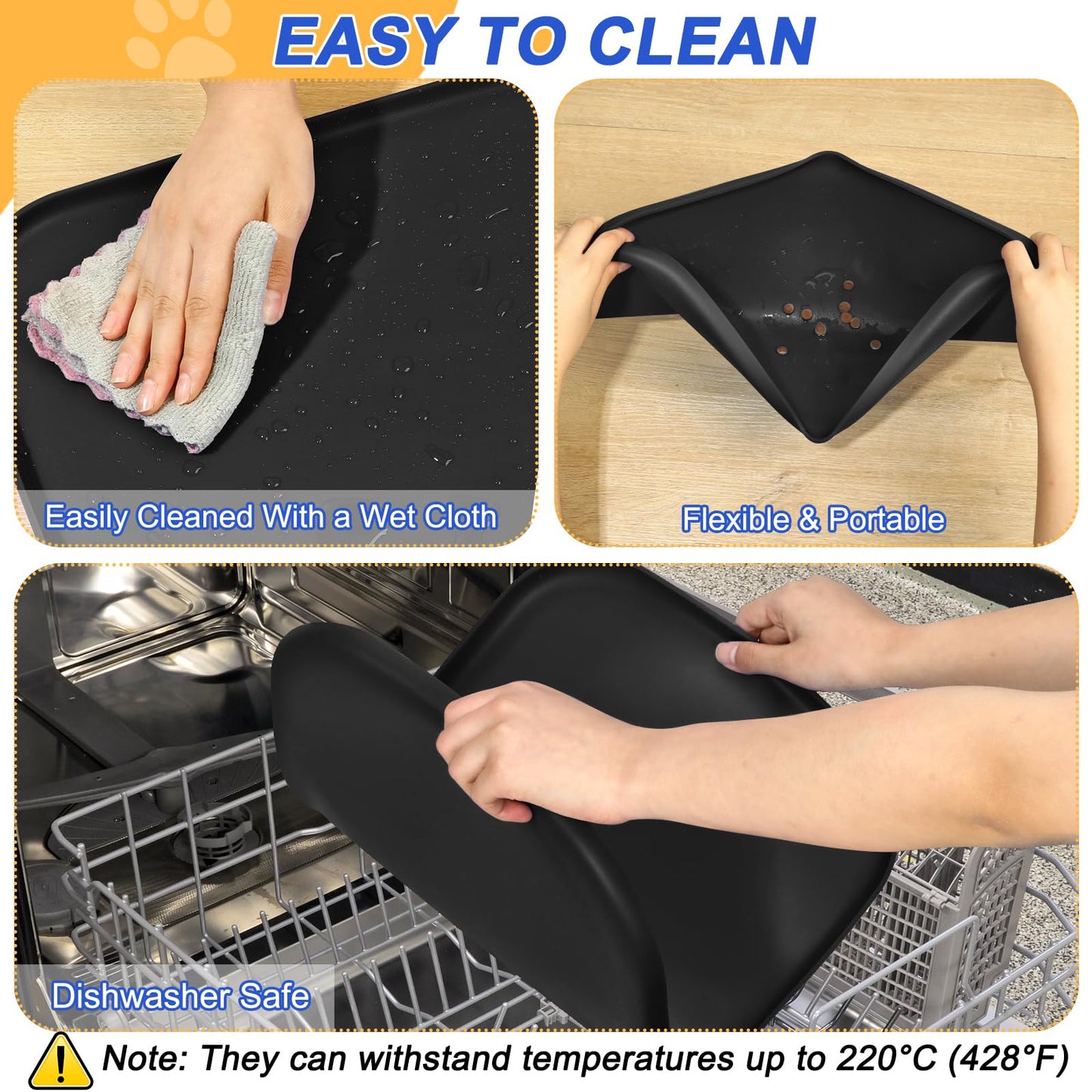 SMILOOL Silicone Pet Food Mat with Raised Edge for Food and Water Bowl, Dog Feeding Mats, Cat Food Trays for Floor Waterproof, Rubber Tray for Dogs and Cats, 24 x 16 x 0.8 Black
