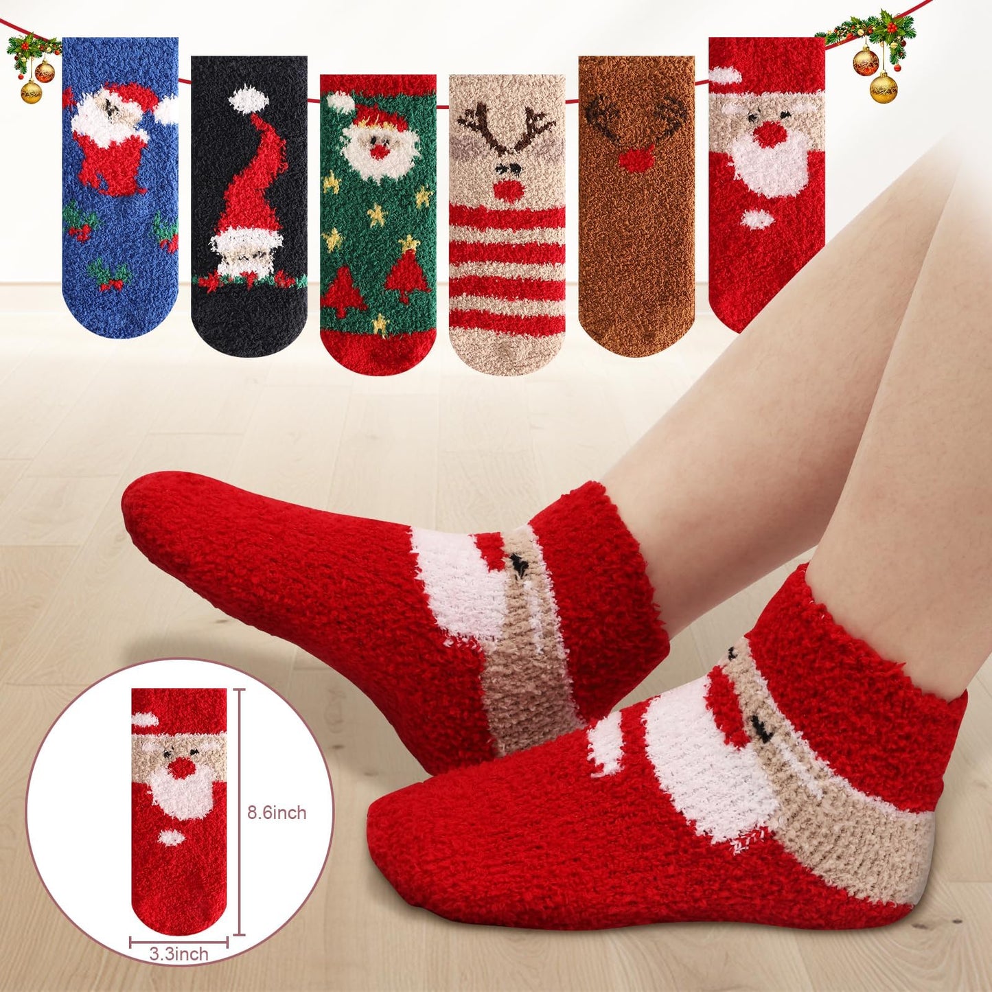 October Elf Christmas Fuzzy Socks for Kids Plush Cartoon Non Slip Fluffy Cozy Slipper Winter Warm Fleece Socks Pack of 6