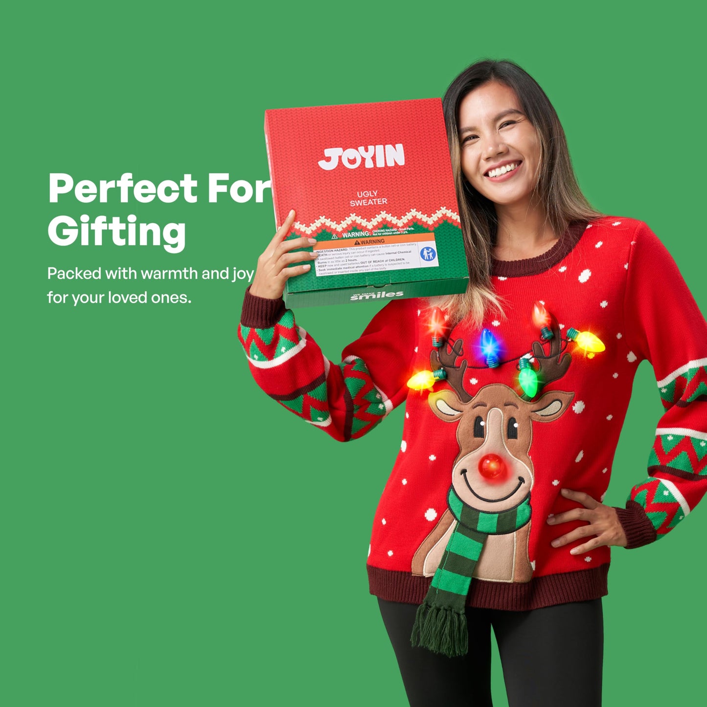 JOYIN Womens LED Light Up Christmas Sweater, Reindeer Christmas Ugly Sweater with Light Bulbs-Red