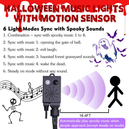 Rotu Halloween String Lights Outdoor with Music Sync Spooky Sounds 300 LED 114.8ft Indoor Fairy String Lights Waterproof Function for Halloween Party Haunted House Decorations (Purple & Orange)