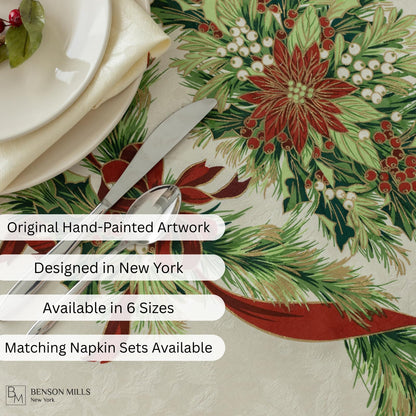 Benson Mills Christmas Ribbons Engineered Printed Fabric Table Cloth, Winter, Holiday and Christmas Tablecloth (70" Round, Xmas Ribbons)