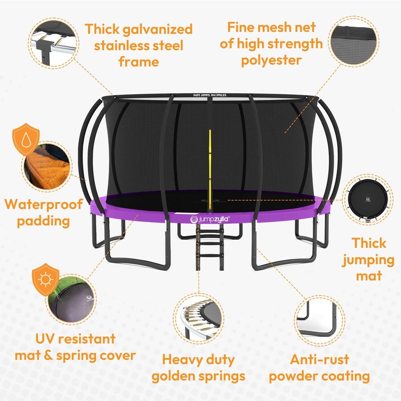JUMPZYLLA Trampoline Outdoor 8FT 10FT 12FT 14FT 15FT 16FT with Enclosure and Ladder, ASTM Approved Recreational Trampoline for Kids and Adults, Anti-Rust Coated Frame (Purple, 16FT)