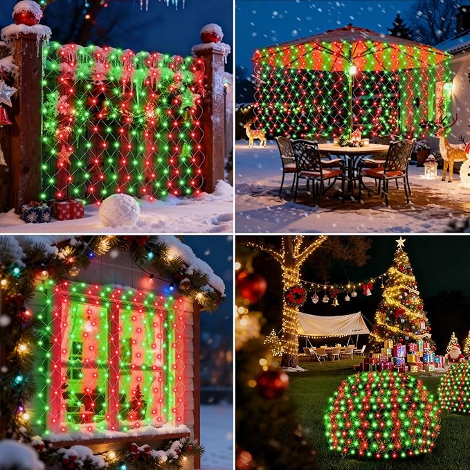 Hezbjiti Battery Operated Christmas Lights Outdoor 100 LED 5FT x 3.3FT Waterproof Timed Memory Net Mesh Lights for Xmas Trees Bushes Garden Yard Lawn Patio Christmas Decor (1 Pack Red and Green)