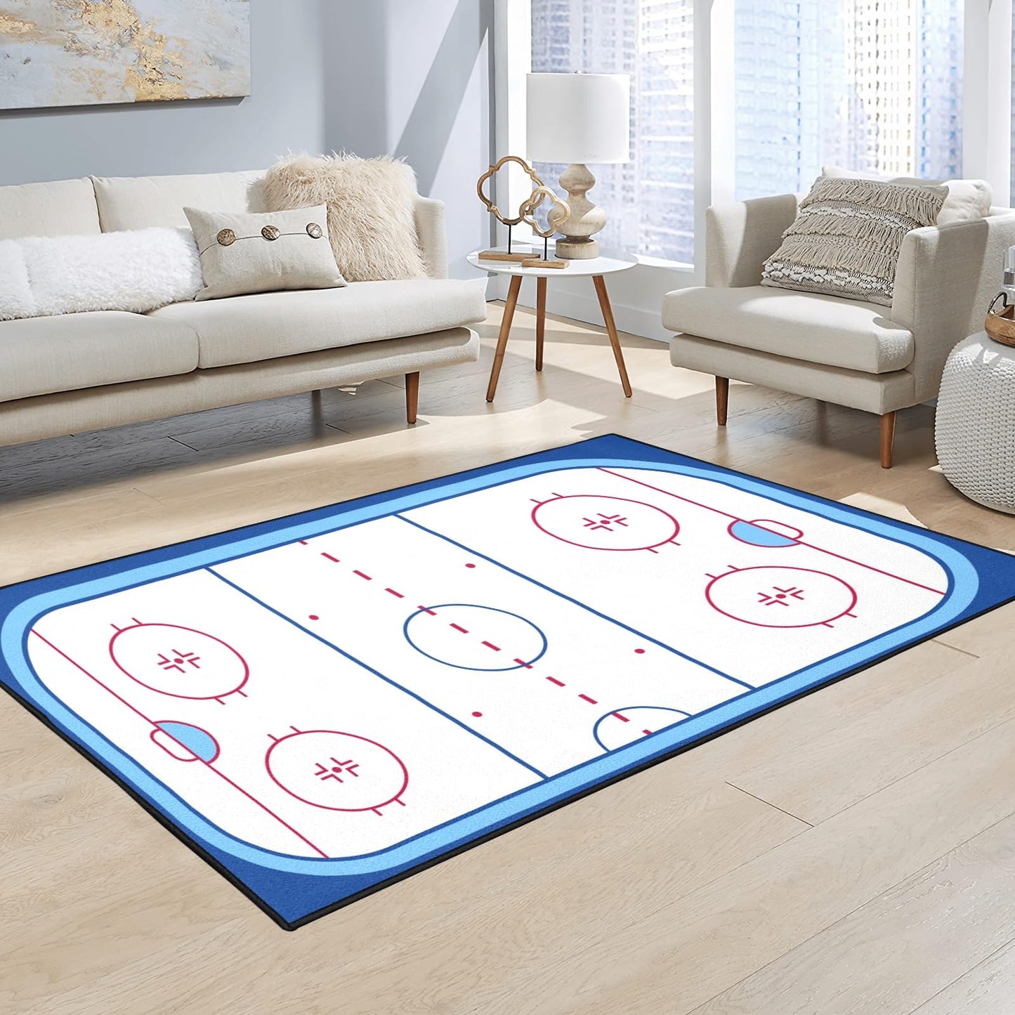 Ice Hockey Rink Printed Area Rug American Ice Hockey Sport Carpet Winter Sport Game Area Rugs Non-Slip Floor Mat for Living Room Bedroom Playroom Decor Gift for Ice Hockey Lovers 4'x 5.3'