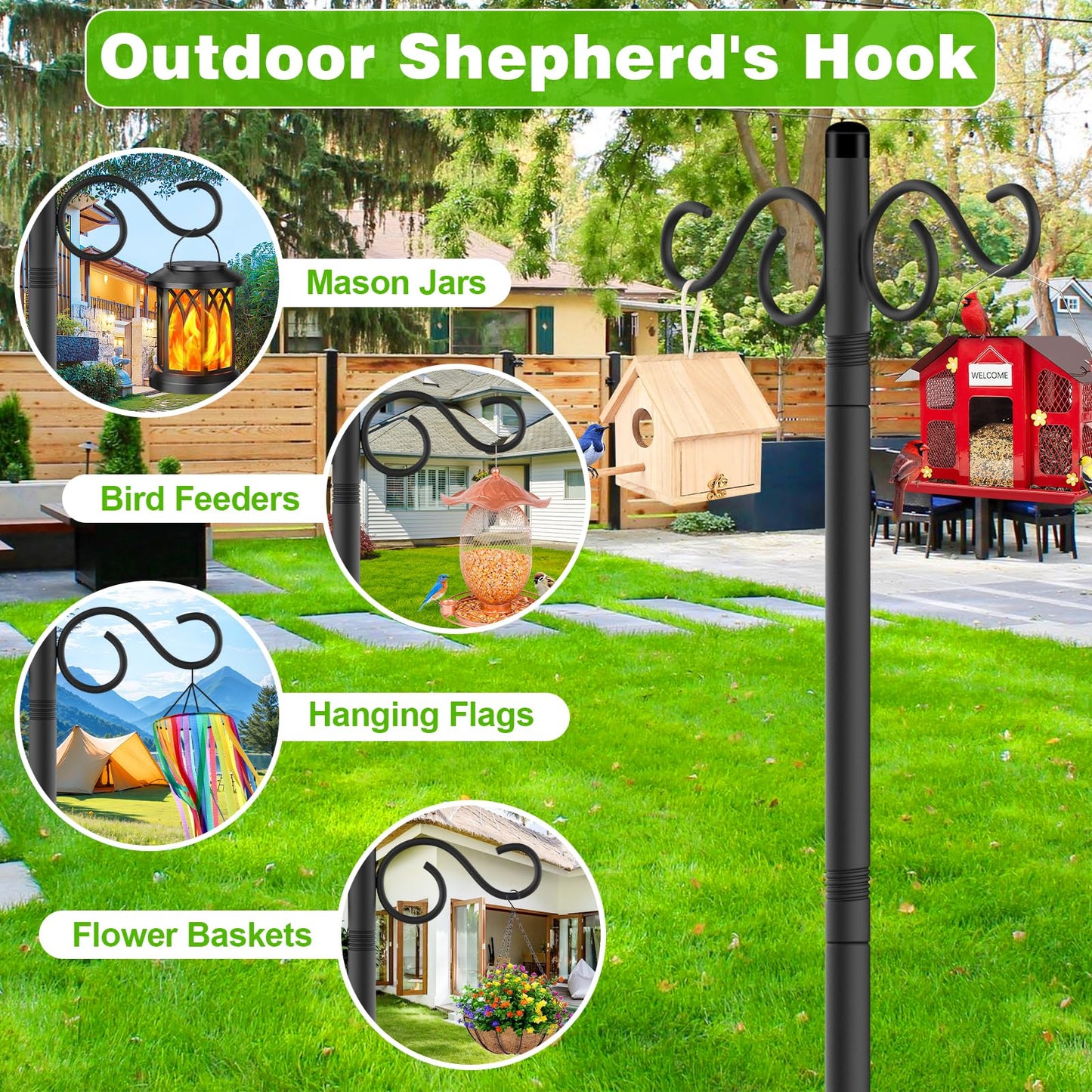 RCUICA Double Shepherds Hooks for Outdoor,2 Pack 90 Inch Bird Feeder Pole with 5 Prongs Base,Heavy Duty Shepherds Hook,Suitable for Garden in Hanging Flower Basket,Lantern,Bird Nests (90 Inch)
