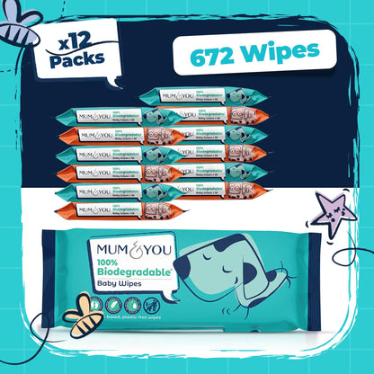 Mum & You Baby Wipes Multipack - 672 Biodegradable Wet Wipes (12 Packs) | 99.4% Water Wipes for Sensitive Newborn Skin | Baby Wipes Bulk, Bum Wipes, Wet Tissue, Eco-Friendly wet wipes baby