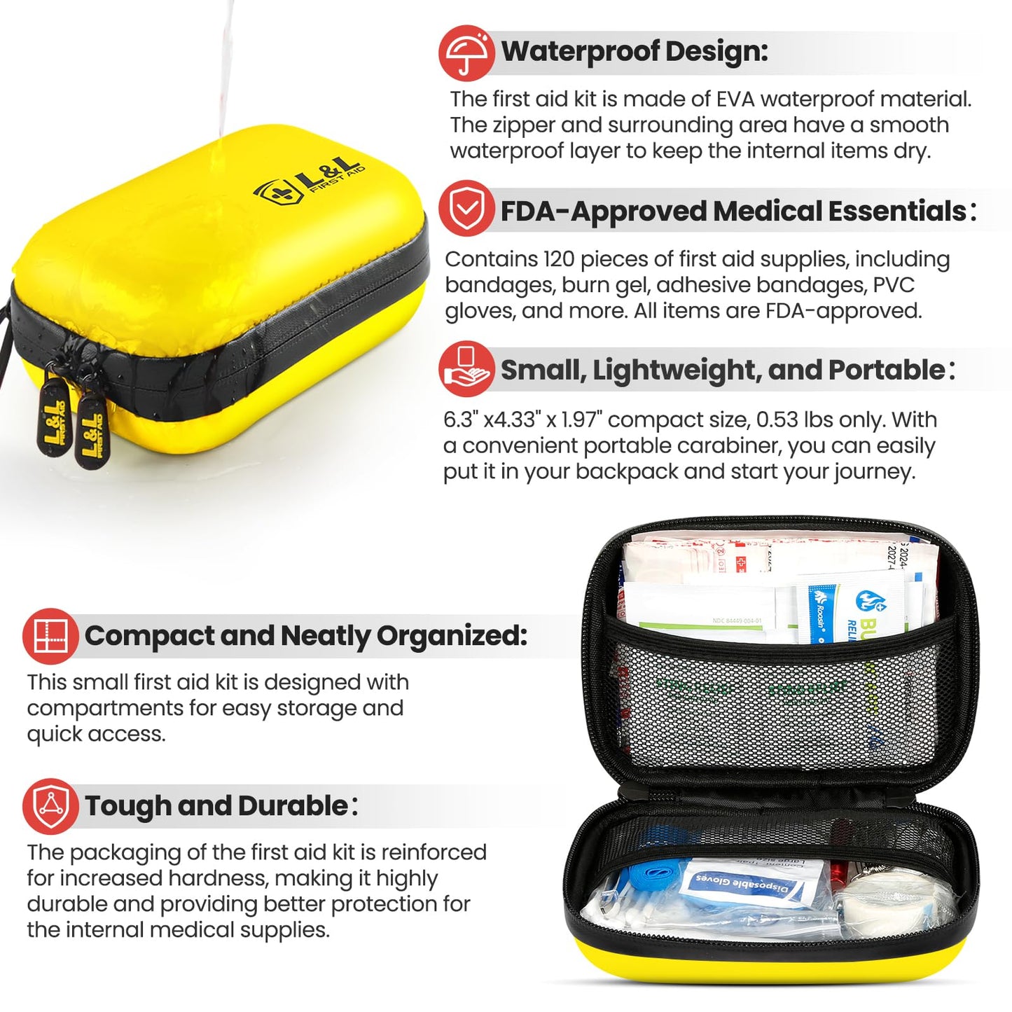 120-Piece First Aid Kit for Travel,Car & Emergency Survival - Compact Waterproof Medical Supplies with Trauma Bandages,Burn Gel & Fever Cooling Patch | Portable for Camping,Hiking,Sports(Yellow)