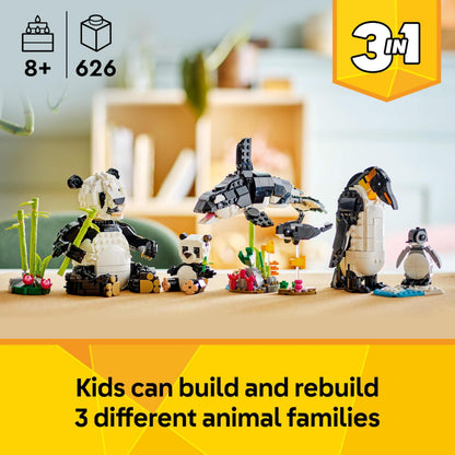 LEGO Creator 3in1 Wild Animals: Panda Family Toy - Transforms into Penguin Figures or Orca Whale Toys - Creative Birthday Gift for 8+ Year Old Girls & Boys - 31165
