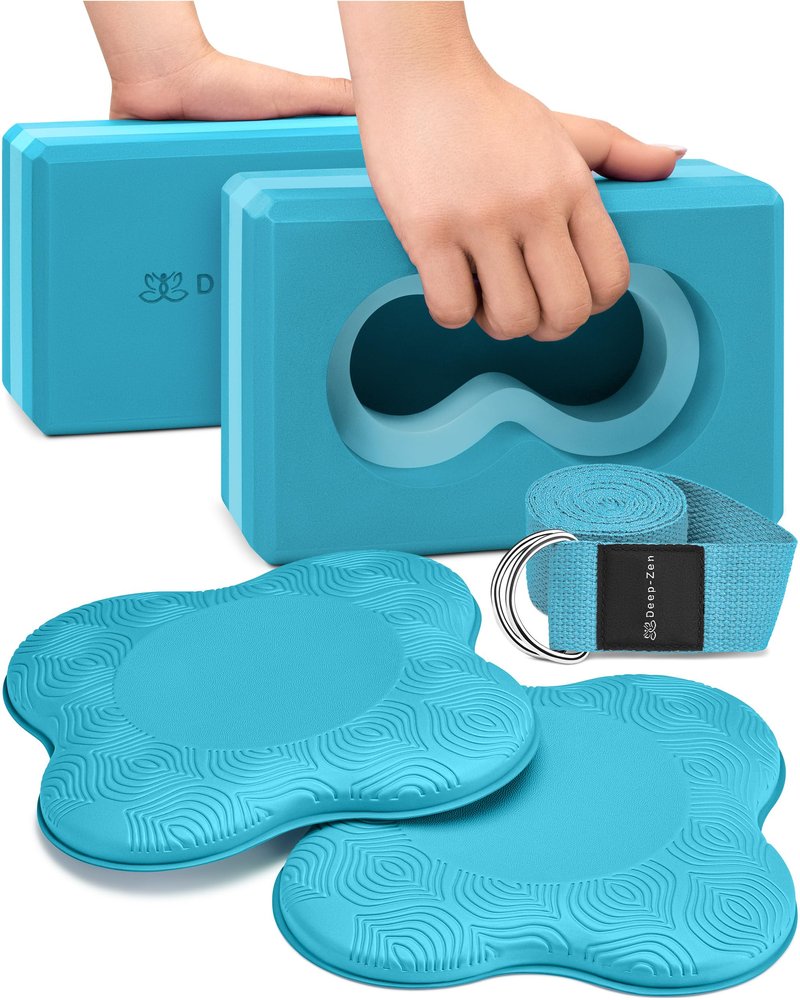 Deep-Zen® Yoga Blocks Wrist Support; Yoga Blocks 2 Pack with Knee Pads and Strap to Put Less Weight on Wrists; Durable, Versatile Yoga Brick Exercise Block Set, Blocks Yoga (Blue)