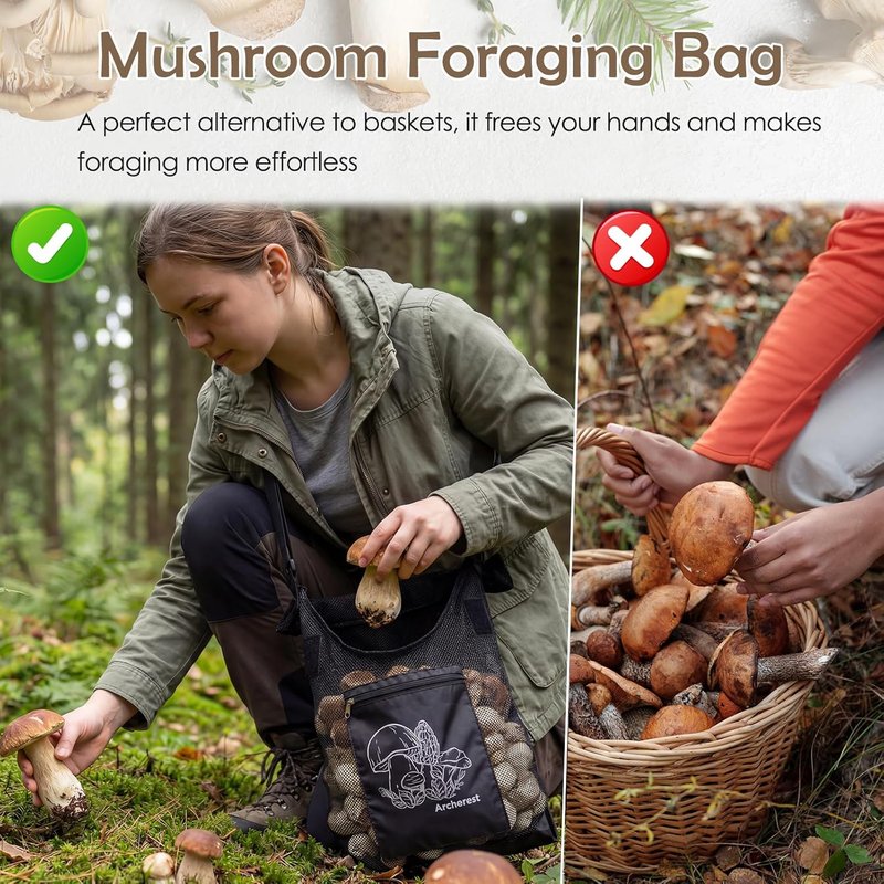 Mushroom Foraging Bag - D-Shaped Opening Mesh Pouch for Morel Picking | Adjustable Shoulder Strap