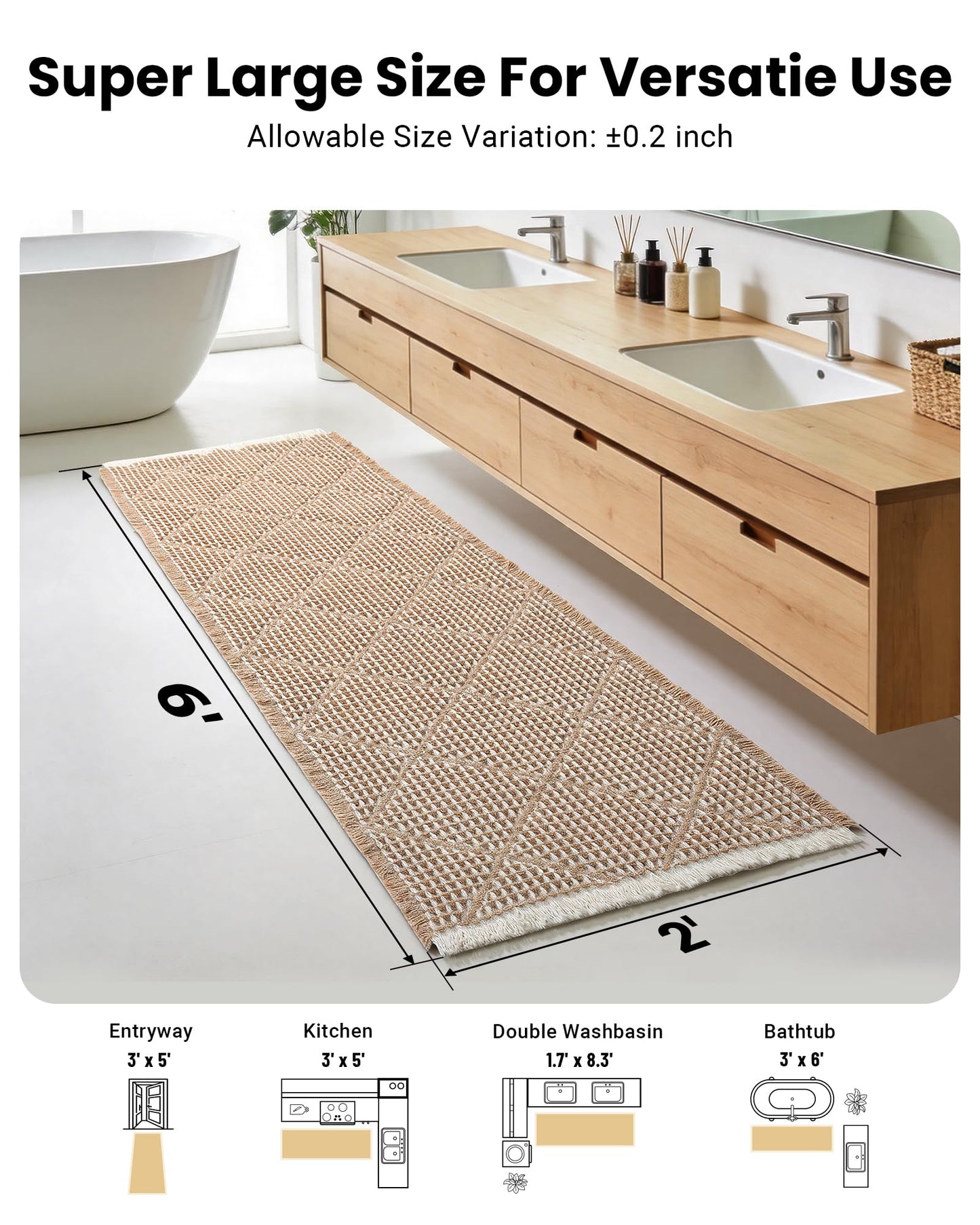 Large Bathroom Rugs 2' x 6', Long Runner Rug Waffle Bath Mat for Kitchen Rugs, Absorbent and Washable Bathroom Mat for Laundry Room, Soft Boho Runner Decor, Entryway Hallway Runner Rug No Slip