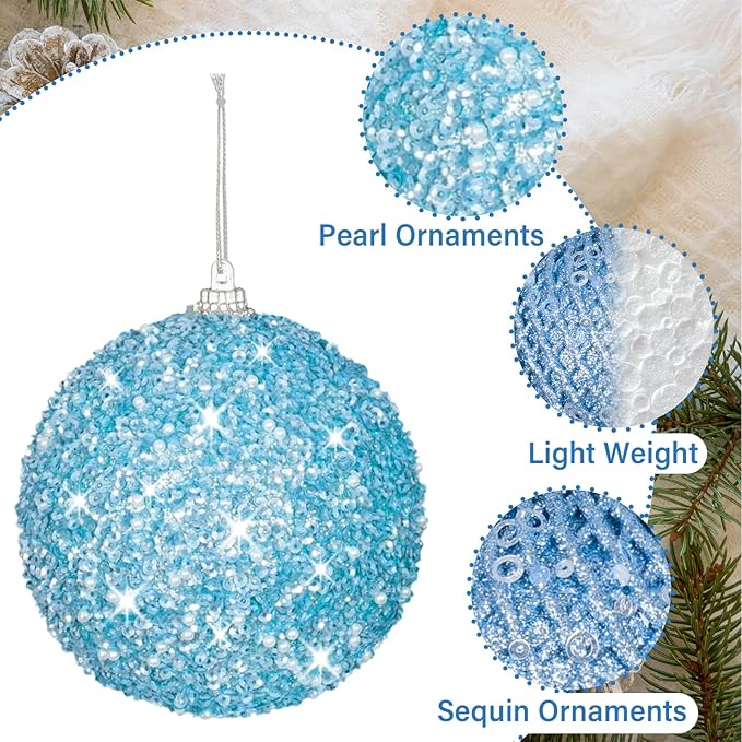3.15" Christmas Ball Ornaments Glitter Shatterproof Christmas Tree Ornaments Sequin Xmas Hanging Balls Decorations for Wedding Party Holiday(Light Blue)