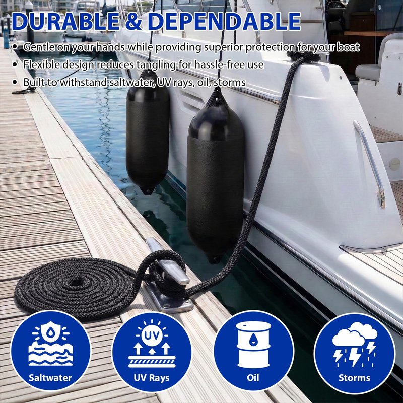 HOKINETY Boat Dock Fender Lines - 1/2" x 10ft Marine Rope with Pre-Spliced 6" Loop Double Braided Nylon Ropes Bumper Tie Mooring Line for Boats Docking Pontoon Boating Accessories - 4 Pack Black