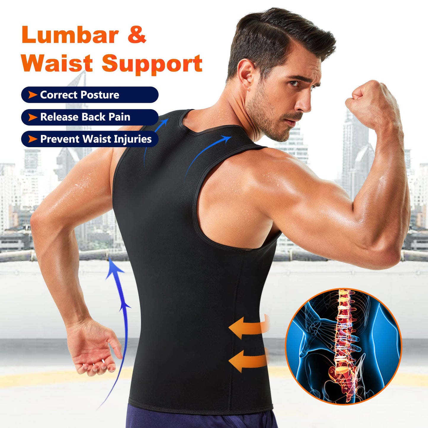 Wonderience Men Waist Trainer Vest Hot Neoprene Sauna Suit Corset Body Shaper Zipper Tank Top Workout Shirt(Black, Large)