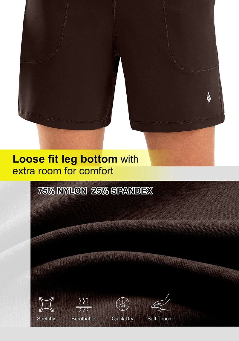 SANTINY Women's 6'' Athletic Long Shorts with 4 Pockets High Waisted Bermuda Shorts for Women Walking Running Casual (Brown_XL)