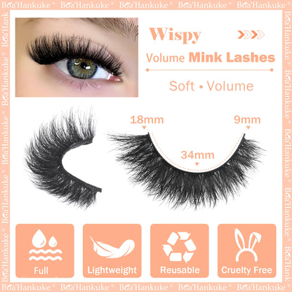 Boahankuke False Eyelashes Mink Lashes Full 18MM Cat Eye Lashes D Curvature Wispy Fake Lashes 8D Natural Strip Lashes Volume Lightweight Lashes Pack with Soft Cotton Band,7 Pairs