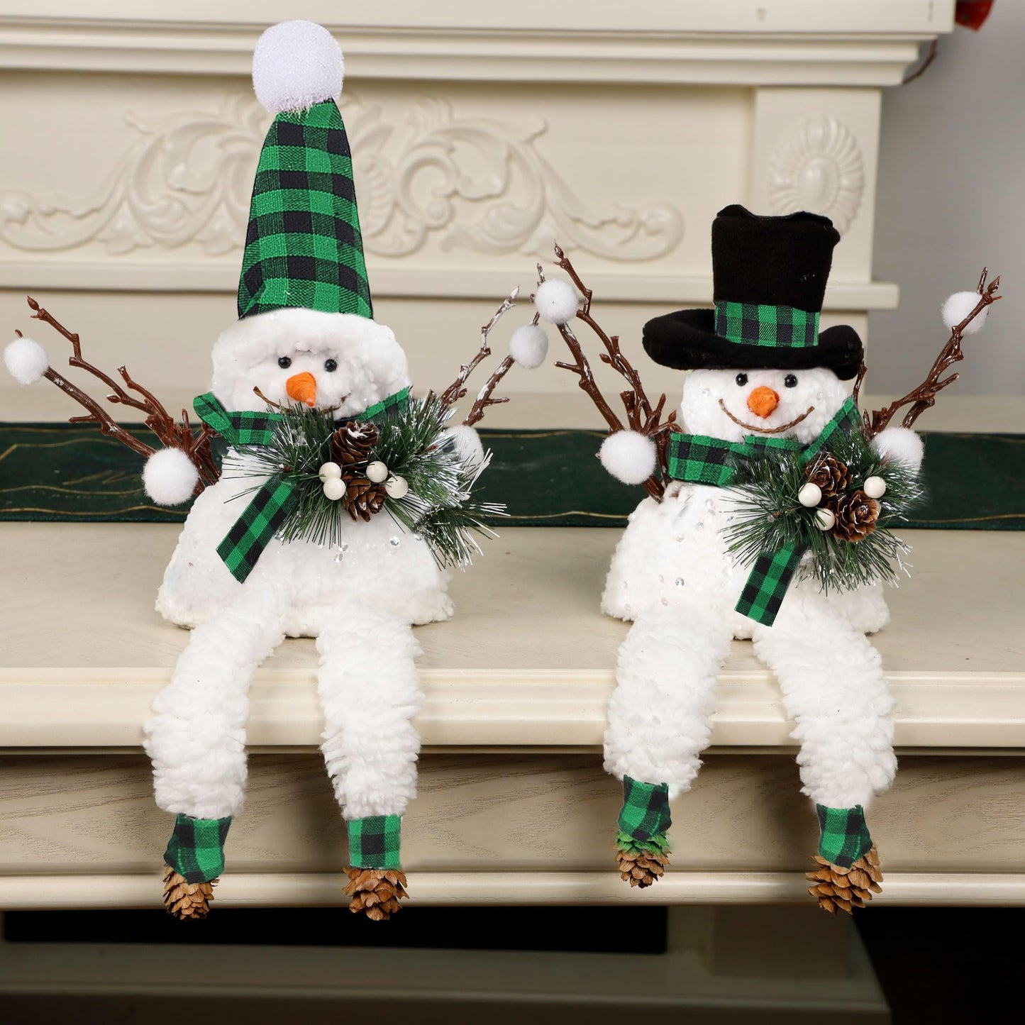 Lulu Home Christmas Snowman Decorations, Set of 2 Plush Shelf Sitters with Dangling Legs, Black & Green Checked Snowman Ornaments for Table Mantel Desk Fireplace Home Holiday Decor