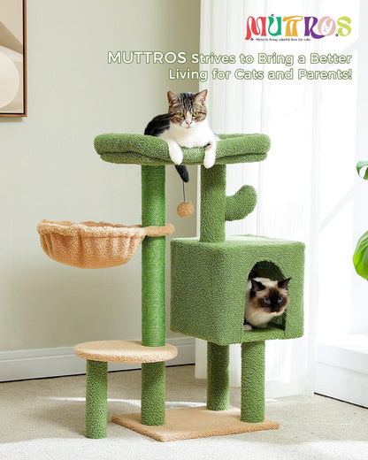 Cactus Cat Tree 35.4"- Medium Cat Tower w/Sisal Scratching Post, Cat Condo for Indoor Cats, Large Padded Top Perch, Comfy Hammock, and 2 Dangling Balls for Small-Medium Cats, Green