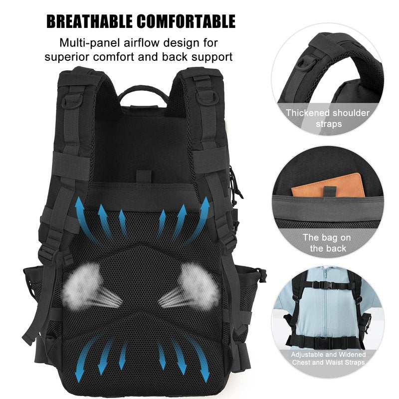 kookoomia 50L Military Tactical Backpack Large Day Backpack for Men Molle Army 3 Days Assault Pack Bug Out Bag Water Resistant and Heavy Duty Hiking Treeking Rucksack - Black
