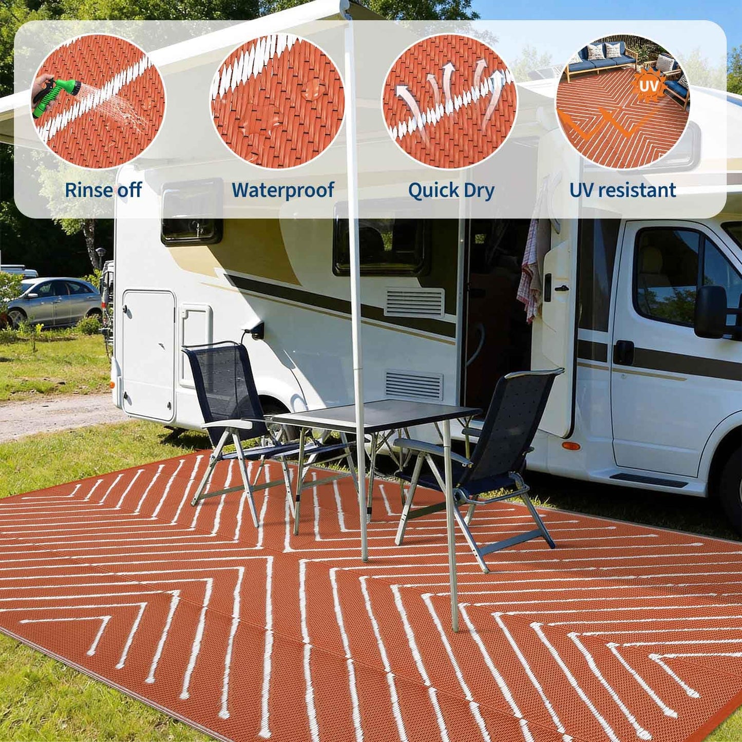 Garvee 5x8 Striped Outdoor Waterproof Rug - Reversible Modern Striped Plastic Straw Patio Mat, Portable RV Camping Rug for Picnic, Beach, Balcony, Deck - UV Protected & Easy to Clean, Orange&White.