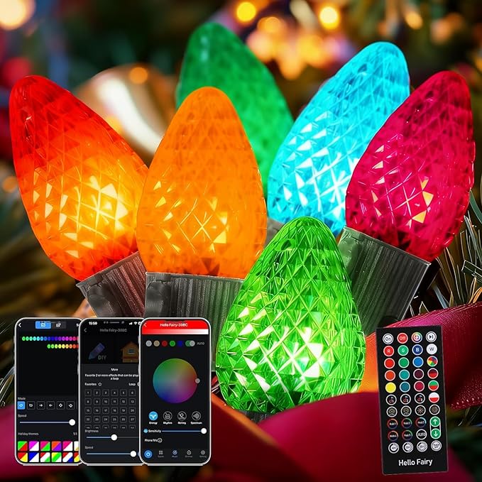 C9 Christmas Lights Outdoor , 148FT 200 LED RGB Color Changing Bulbs,App Bluetooth Music Sync, DIY Scenes & Timers, Connectable to 198FT, IP44 Waterproof Roofline Eaves Porch Fence Decorations