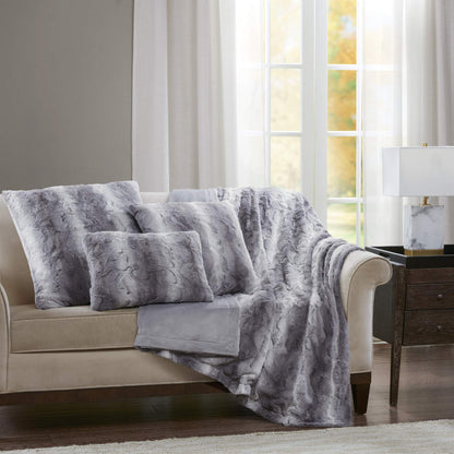 Madison Park Zuri Faux Fur Ombre Stripe Ultra Soft Luxury Decorative Throw Pillows, For Couch Bed With Insert, 20" x 20", Grey