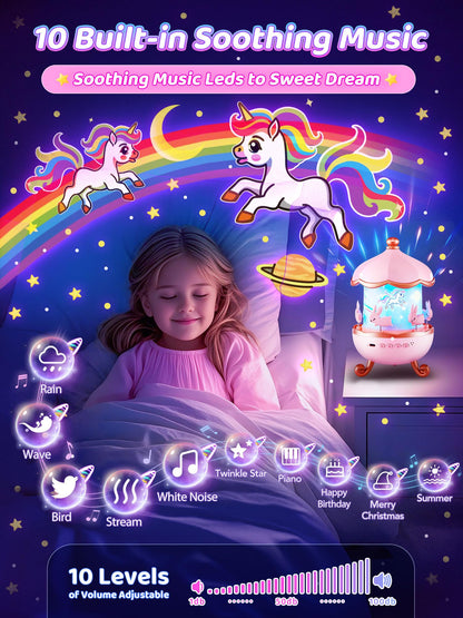 Unicorn Night Light for Kids, with 15 Films & 10 White Noises, Rechargeable 1200mAh Toddler Night Light with 360° Rotation, Remote Control Unicorn Gifts for Girls, Toys for 1 Year Old Girls