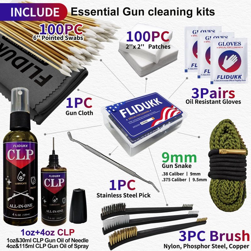 FLIDUKK 9mm Bore Cleaner+ 5oz CLP Oil (Needle+Spray) Gun Cleaning Kits,Gun Cleaning Supplies with Bore Cleaning Snake,Gun Cleaning Patches,6-inch Long Swabs,Gun Brushes,Metal Pick,Gun Cloth,Glove,Box