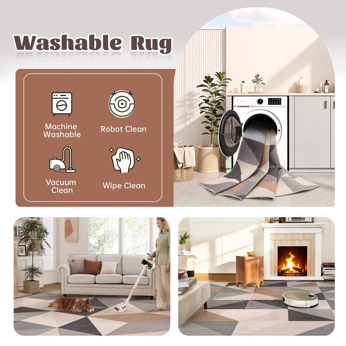 Washable Rug 8x10 Area Rugs: Modern Geometric Area Rug for Living Room Non-Slip Neutral Soft Carpet Low Pile Stain Resistant Indoor Rugs for Bedroom Nursery Dining Room Office (Beige Brown, 8'X10')
