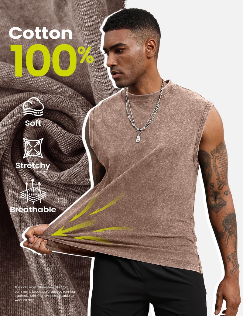 Yimoon Mens Tank Tops Workout Sleeveless Shirts Cotton Acid Wash Tees Loose Gym Muscle Shirts(GreyKhakiBeige-XL)