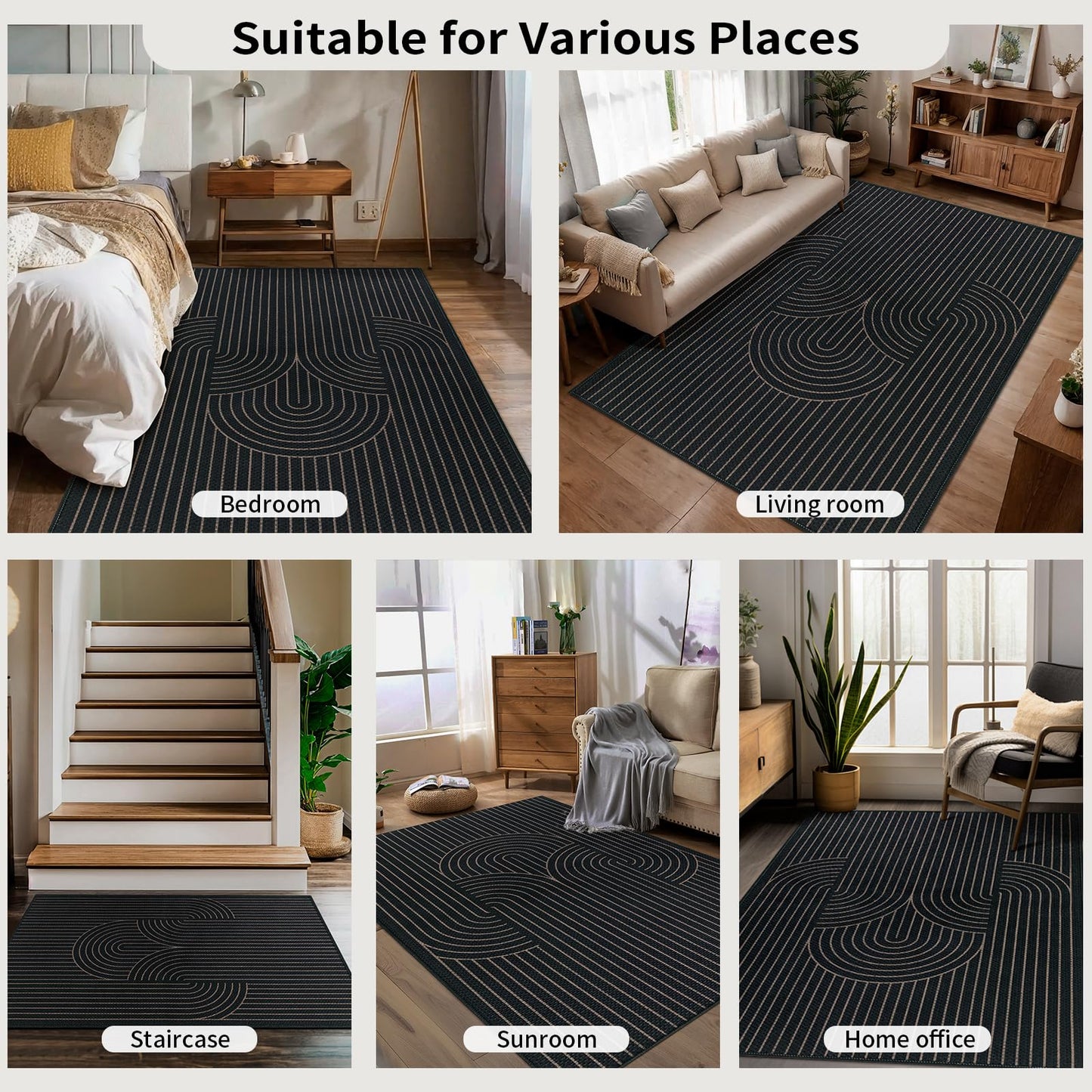 Tangsoo Black Geometric Easy Jute Rug, 2x3 Washable Ultra Thin Foldable Rug for Entryway, Non-Slip Rainbow Outdoor Mat Throw Carpet for Kitchen Bedroom Front Porch Doorway Entrance