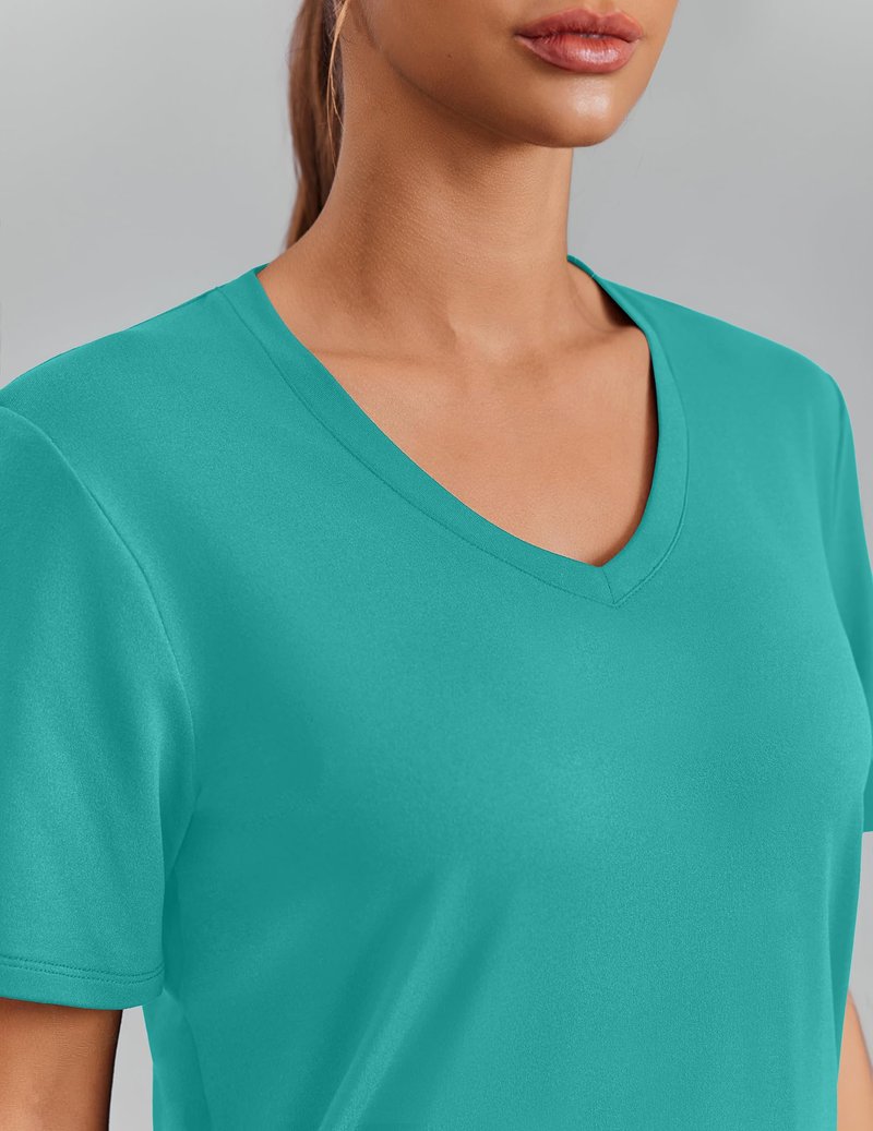 PINSPARK Moisture Wicking Shirts for Women Short Sleeve V Neck Quick Dry Workout Tops Athletic Gym Running T-Shirts Cooling,Teal Medium