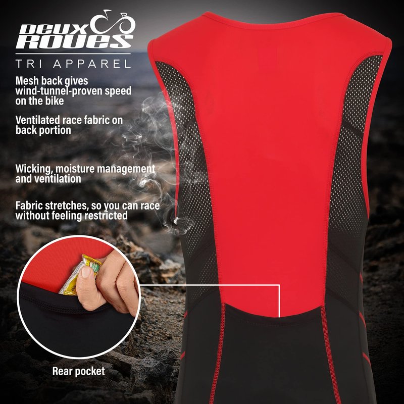 Deux Roues Youth Triathlon Suit Racing Tri Cycling Skin Suit Bike Swim Run - Bonus Race Bib Belt (Red, Youth 14)