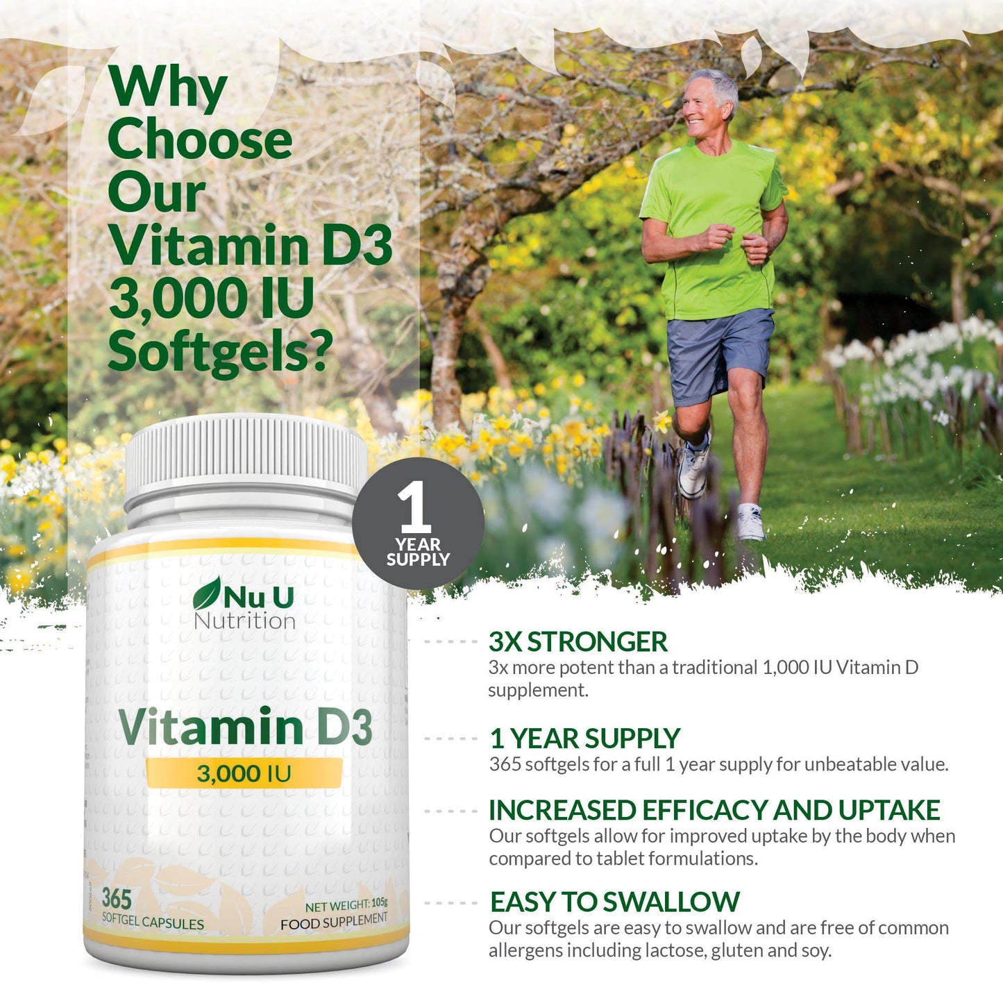 Vitamin D 3000IU - 365 Softgel Capsules - 1 Year Supply - Triple Strength Vitamin D3 Supplement - High Absorption Cholecalciferol - Gluten & Dairy Free by Nu U Nutrition