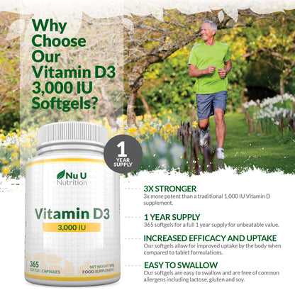 Vitamin D 3000IU - 365 Softgel Capsules - 1 Year Supply - Triple Strength Vitamin D3 Supplement - High Absorption Cholecalciferol - Gluten & Dairy Free by Nu U Nutrition