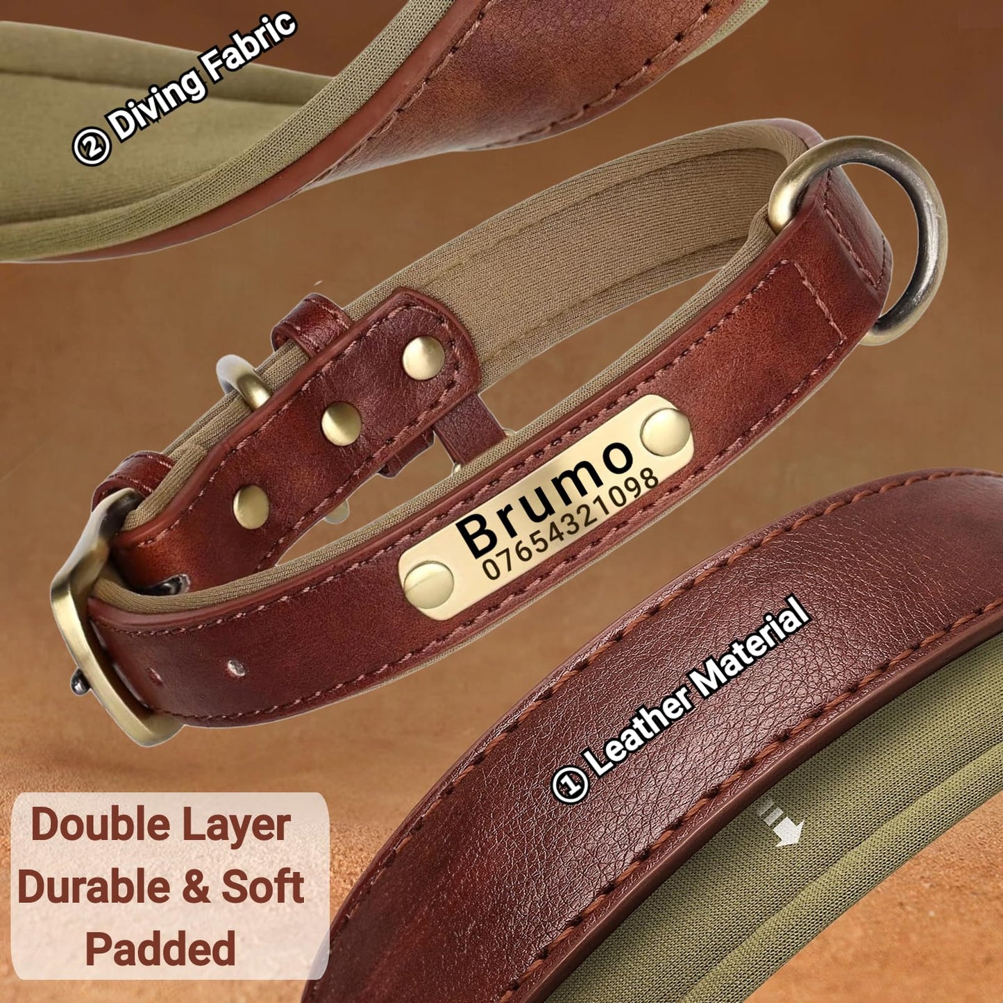 SEOUGEE Genuine Leather Dog Collar Personalised, Soft Padded Leather Dog Collars Heavy Duty with Custom Engraved Name Plate Adjustable for Small Medium Large Dogs (M, Brown 28-37cm)