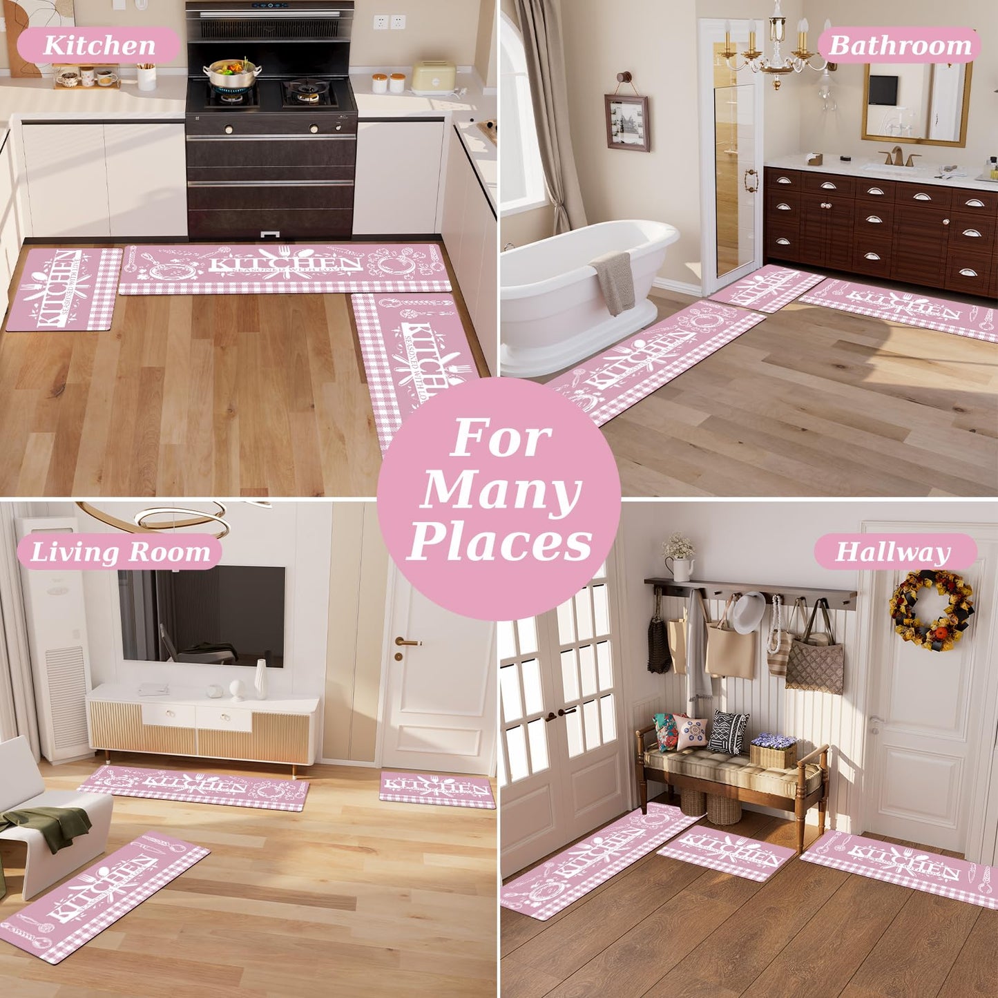 Pink Kitchen Mats for Floor, 3 Pieces Non Slip Cushioned Kitchen Runner Rugs with Grid Design, Waterproof Comfort Mat Farmhouse Chef Runners Carpet for Sink, Bathroom