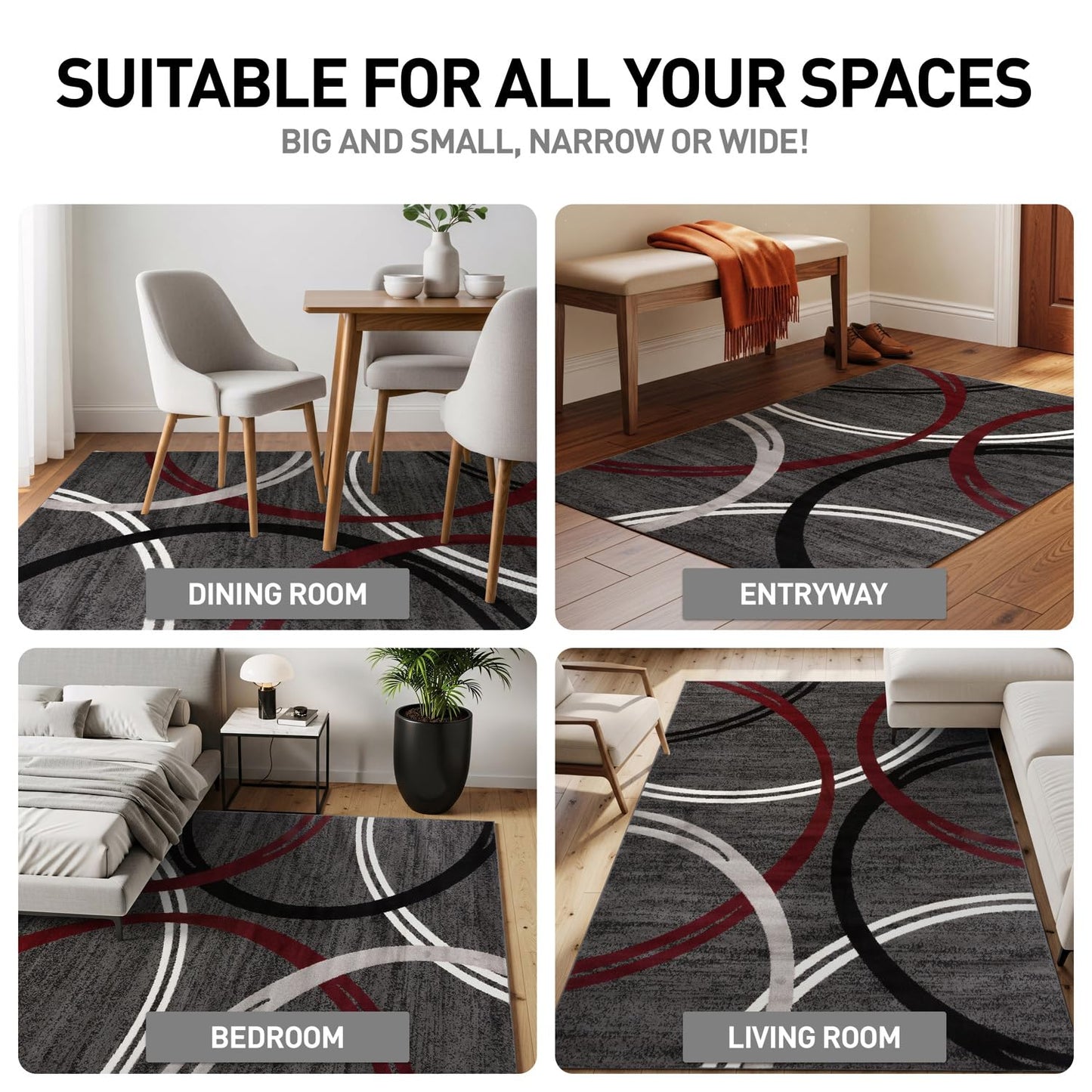 Rugshop Modern Wavy Circles Design Non-Shedding Area Rug, Carpet for Living Room, Dining Room, or Bedroom, Red, 7'10" x 10'2"
