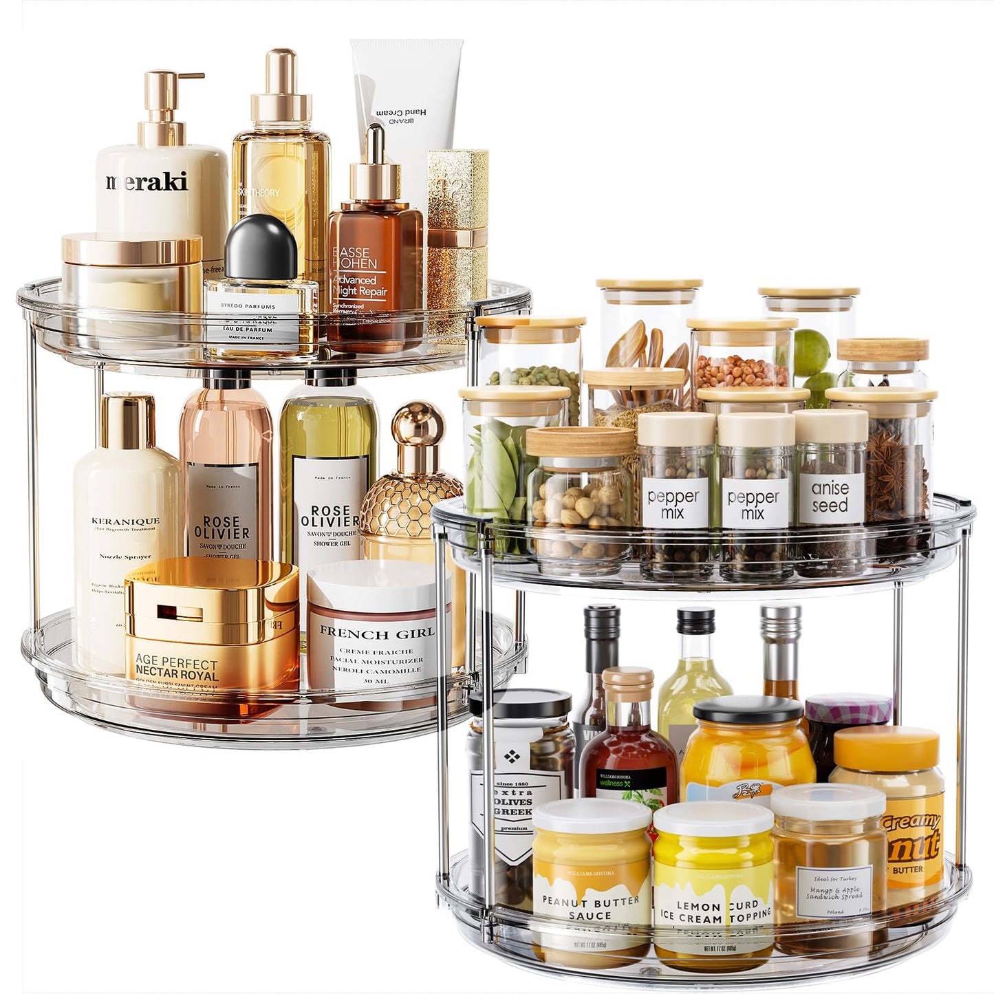 LAMU 2 Tier Lazy Susan Turntable Organizer 9.25'' Rotating Spice Rack Organization for Cabinet, Kitchen, Pantry, Countertop, Bathroom, Vanity, Medicine Cabinet Organizer, Clear