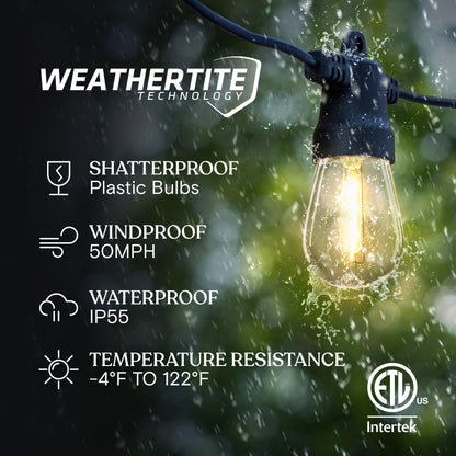 Brightech Ambience Pro Solar Powered Outdoor String Lights -27 ft Commercial Grade Waterproof Edison Patio Lights, Shatterproof LED String Lights for Outside, Porch - 12 Bulbs, 1W Soft White
