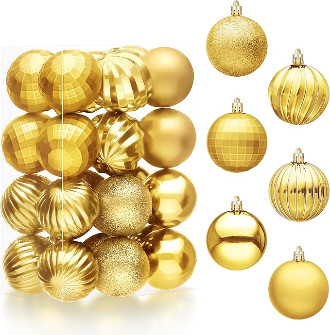 JOIEDOMI 24 Pcs Gold Shatterproof Christmas Balls Ornaments, 2.36" Christmas Tree Decoration Ornaments Set, Xmas Hanging Decorations for Tree Wreath Garland Wedding Indoor Holiday Party Decor