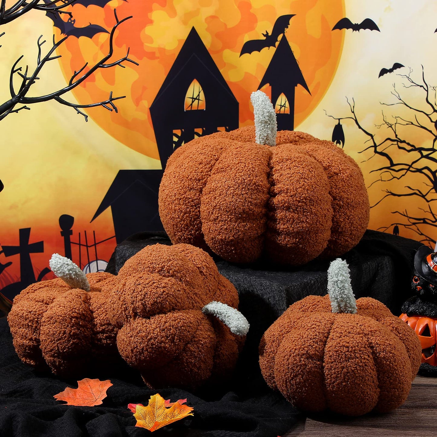 Kajaia 4 Pcs Pumpkin Throw Pillow Cushion 3D Thanksgiving Pumpkin Pillow Halloween Sherpa Fall Pumpkin Toy Fluffy Stuffed Pillow Kids' Plush Toy Pillow,11 Inches, 7 Inches (Brown)