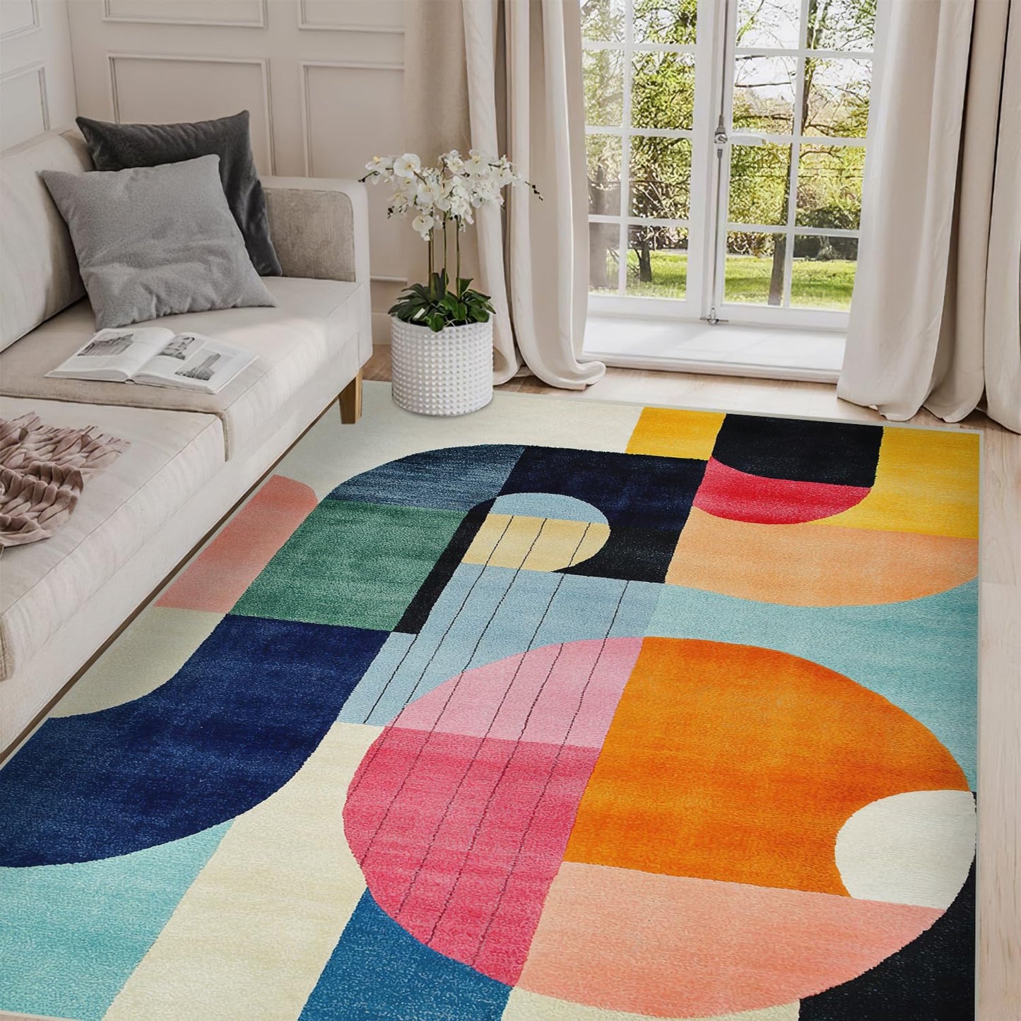 5x7 Colorful Area Rug Modern Abstract Orange Yellow Pink Blue White Beige Black Bedroom Rug Low Pile Thin Large Carpet Living Room Non Slip Dining Room Stain Resistant Office Washable Machine