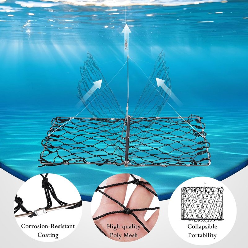 Crab Trap - Castable Crabbing Net with Bait Clip | Foldable Snare for Dungeness, Blue Crabs & Lobster