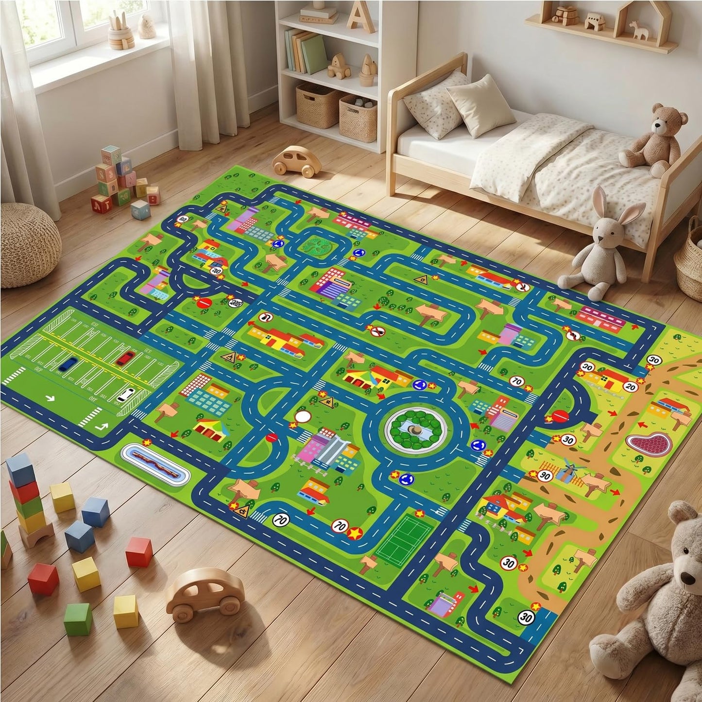 Car Rug Play Road Rug Kid Play Mat,Playroom Toy Car Mat, Kids Carpet City Map for Bedroom Classroom,Extra Large Thick (59X39.4 Inch)