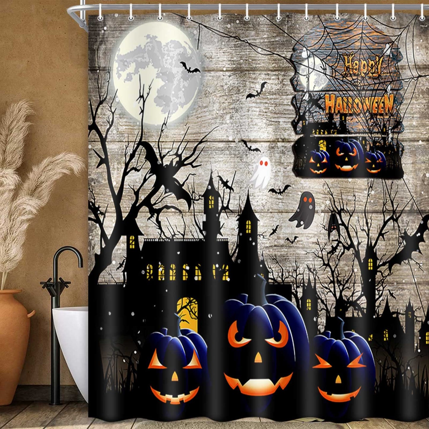JAWO Halloween Shower Curtain Set, Ghost Pumpkin Horror Bat Rustic Farmhouse Decor Fall Autumn Festival Bath Curtains, 69x70 Inch, Hooks Included